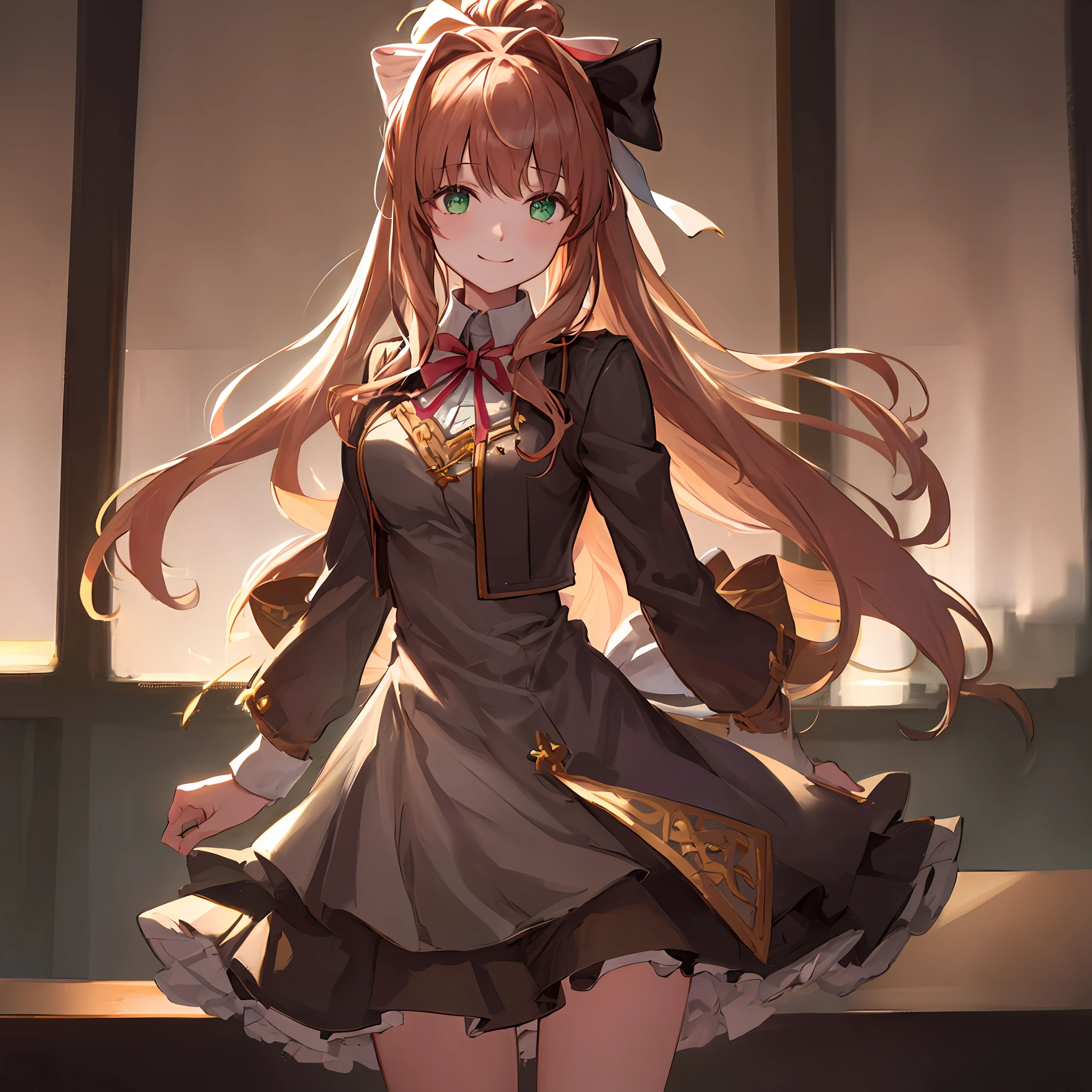 Monika in an office, beautiful lightning, bokeh, dress, alternate clothes, chest accesories, ornate dress, fashion dress, sun rays, fisheye, front view, 2d, masterpiece, best quality, anime, highly detailed eyes, highly detailed face, highly detailed background, perfect lighting, bokeh, cowboy shot, feet out of frame, 1girl, solo, classroom, school uniform, monika \(doki doki literature club\), doki doki literature club, alternate clothes, brown hair, very long hair, white bow, hair bow, ponytail, green eyes, medieval clothes, ornate dress, closed jacket, standing, (leaning forward:0.8), (arms behind back:1.2), smile