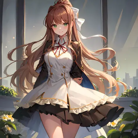 monika in an office, beautiful lightning, bokeh, dress, alternate clothes, chest accesories, ornate dress, fashion dress, sun ra...