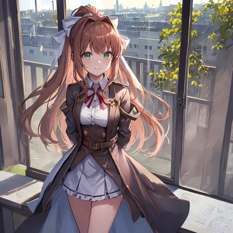 monika in an office, beautiful lightning, bokeh, dress, alternate clothes, chest accesories, ornate dress, fashion dress, sun ra...