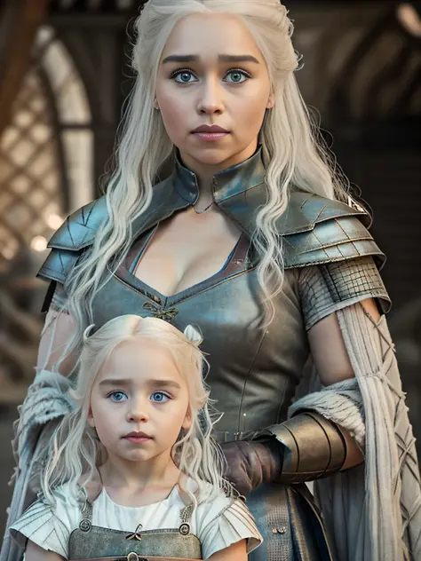 raw full body ((family photo of a father and mother with their daughter)), ((mother carrying daughter)), [1girl, daenerys targar...