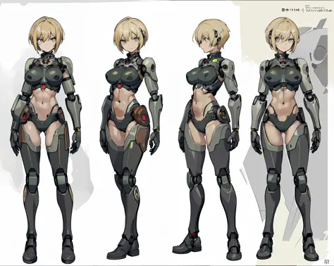 German girl, character sheet, concept art, full body, (masterpiece:1.2), (best quality:1.3), 1girl, standing, front and rear, left and right, diesel-punk, android, robotic, segmented, robo, robots. naked, (aesthetic face), (short hair), (cut hair), (straig...