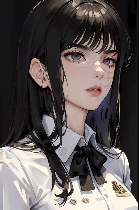 (higher resolution, distinct image) The best quality, a girl, Yoru, masterpiece, highly detailed, semi realistic, long hair, shaggy black hair, bangs, young, tall and strong, black military uniform, military academies, war insignia, inner backgrounds, cold...
