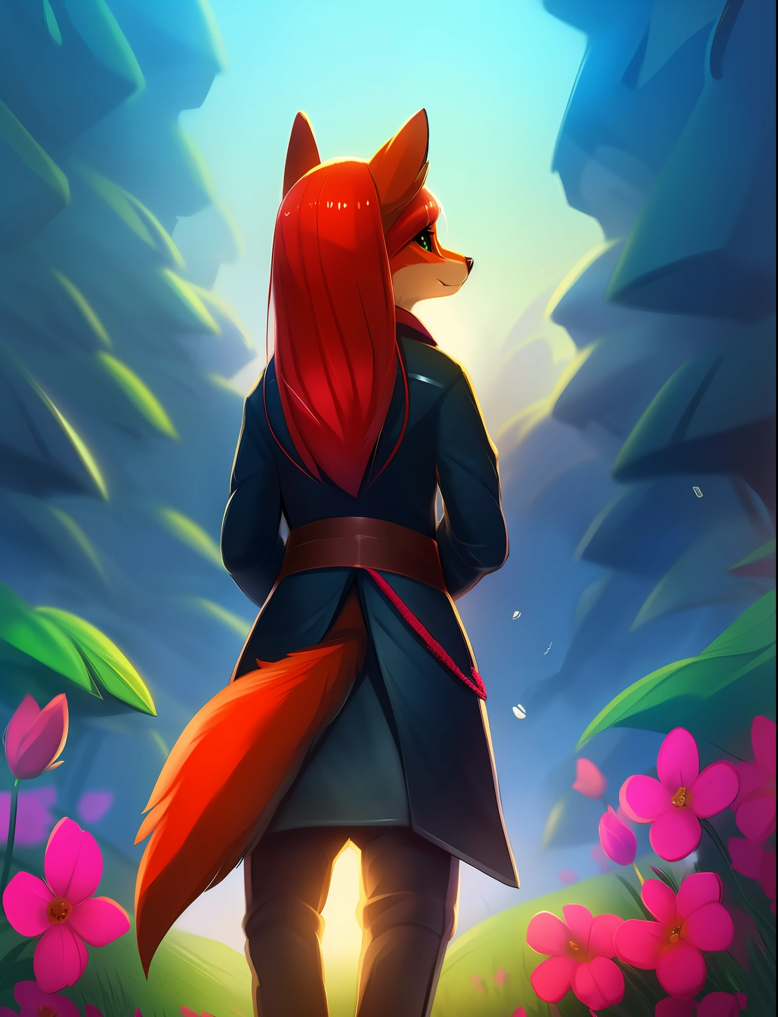 araffe with red hair and a furry tail in the woods, a digital painting by Daarken, cgsociety contest winner, furry art, very very beautiful furry art, dramatic cinematic detailed fur, furry fantasy art, loish and wlop, anthro art, furry wolf, pov furry art, furry art!!!, kemono, 🌺 cgsociety