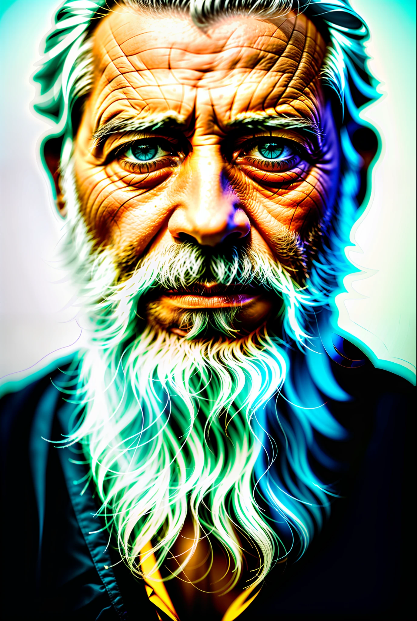 dark theme, ultra resolution, hyper realistic, hdr, absyrdres, cinematic shot, centered, short DOF, a closeup portrait of an old man, full headshot, Ancient Greek philosopher, looking at camera, blue old eyes, short white hair, white  BEARD, narrow face dark skin, wide shoulders, weathered by sun and salt water, royal doublet with gold patterns, royal chambers camera focus on an eye, high focal length, dslr, 200mm lens, photo by Cristina Otero, dark studio, rim lighting, two tone lighting, dimly lit, low key, backlight,