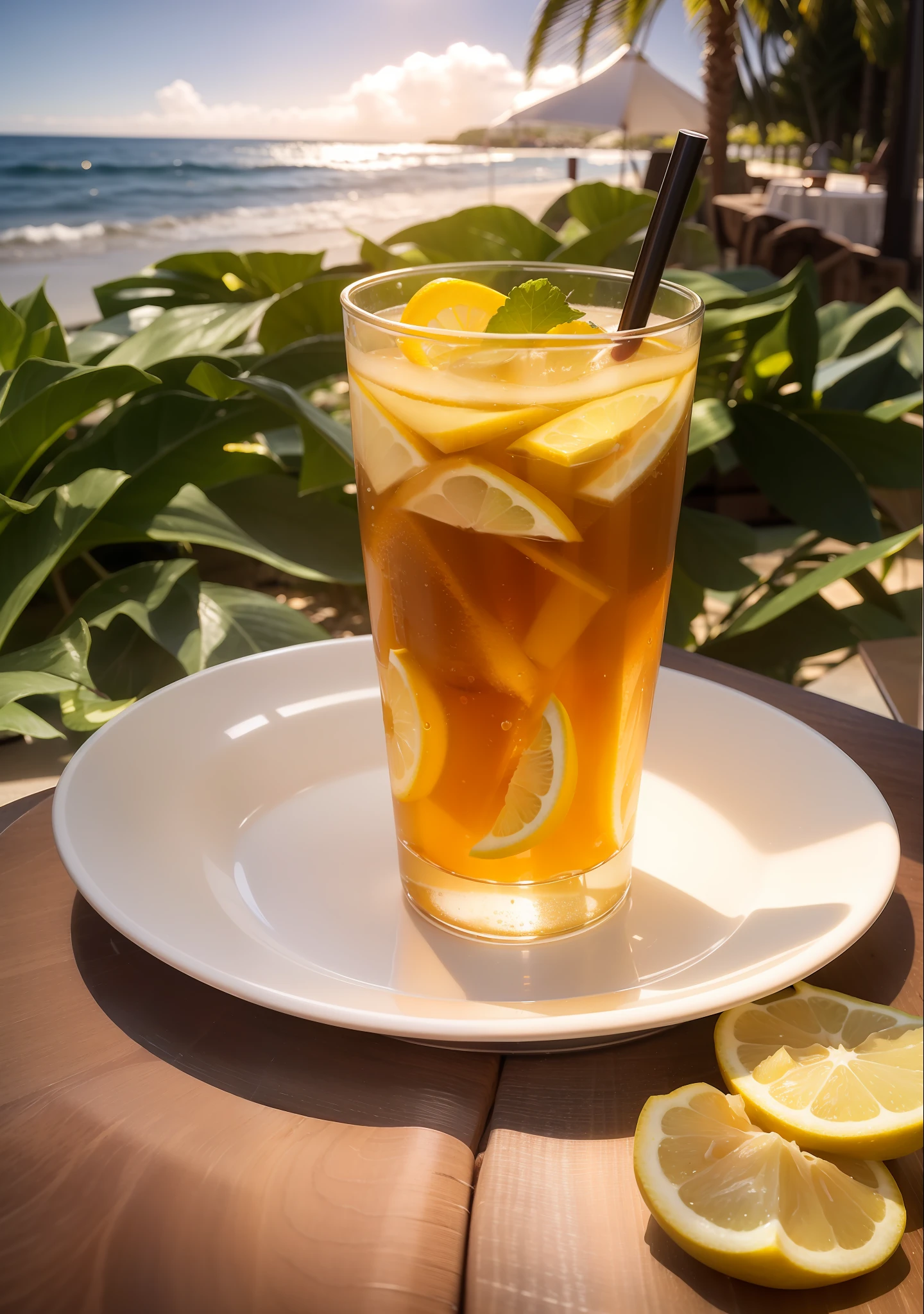 there is a glass of iced tea with lemon slices on a plate, tall iced tea glass, iced tea glass, rum, trapped in tall iced tea glass, drink, ice tea in a mason jar, refreshing, cold drinks, maui, straw, jamaica, alabama, laura sava, jamaican, by Dietmar Damerau, lemon, holiday season, summer light