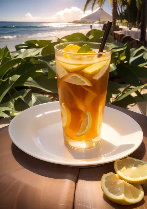 there is a glass of iced tea with lemon slices on a plate, tall iced tea glass, iced tea glass, rum, trapped in tall iced tea gl...