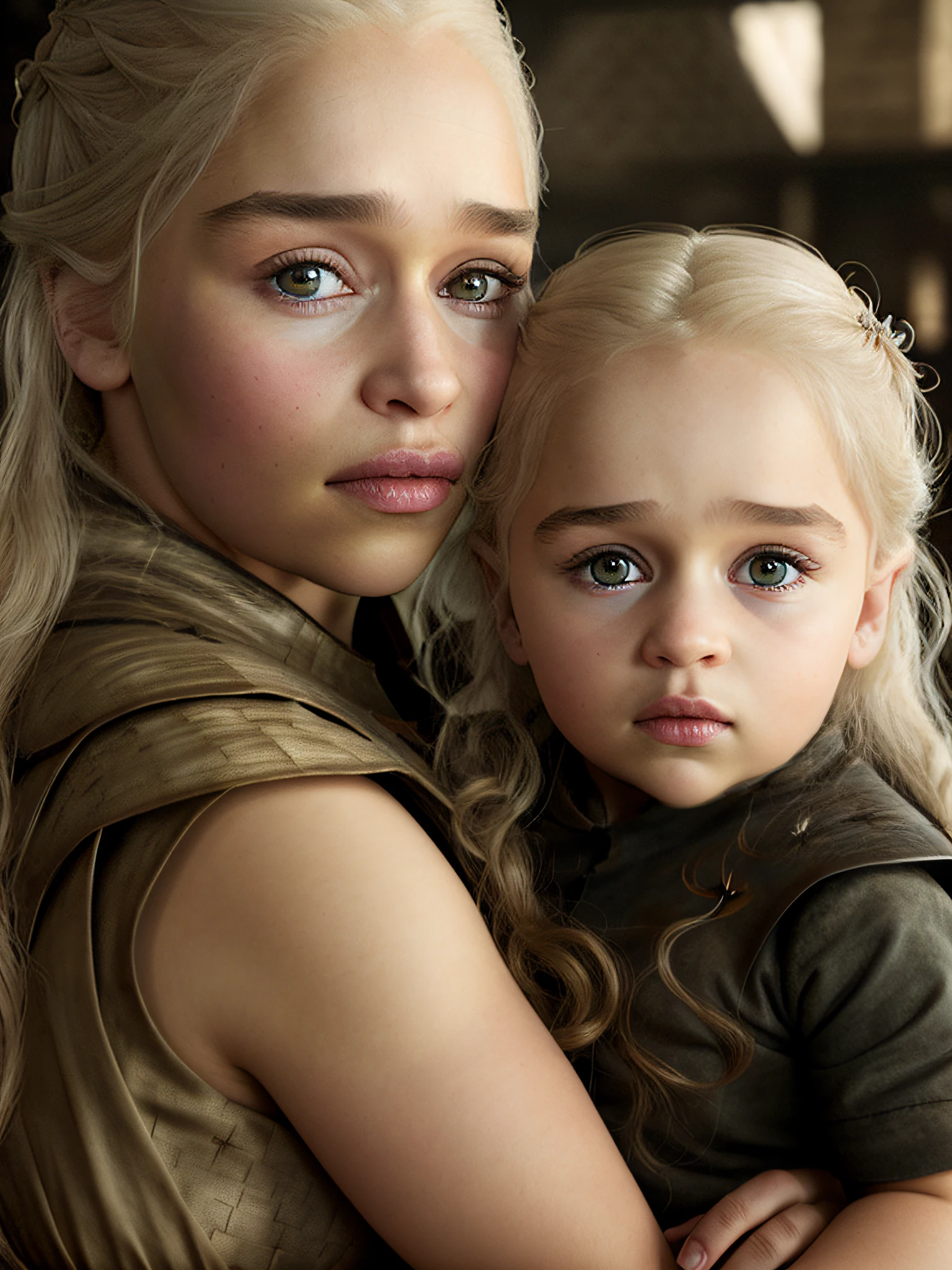 4k, alta calidad, (Jon Nieve) y [Daenerys Targaryen|Emilia Clarke] sosteniendo a una niña de 5 años, Game of Thrones, sala de luz, Luz tenue, (textura natural de la piel:1.2), (hyperrealism:1.1)