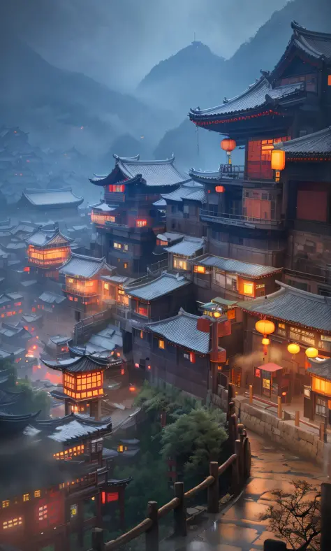 arafed view of a village, lots of lights on buildings, fantastic chinese town, chinese village, amazing wallpapers, town, village, surreal photo of a small town, old chinese village, city, Raymond Han, spring, cyberpunk ancient Chinese castle, beautifully ...