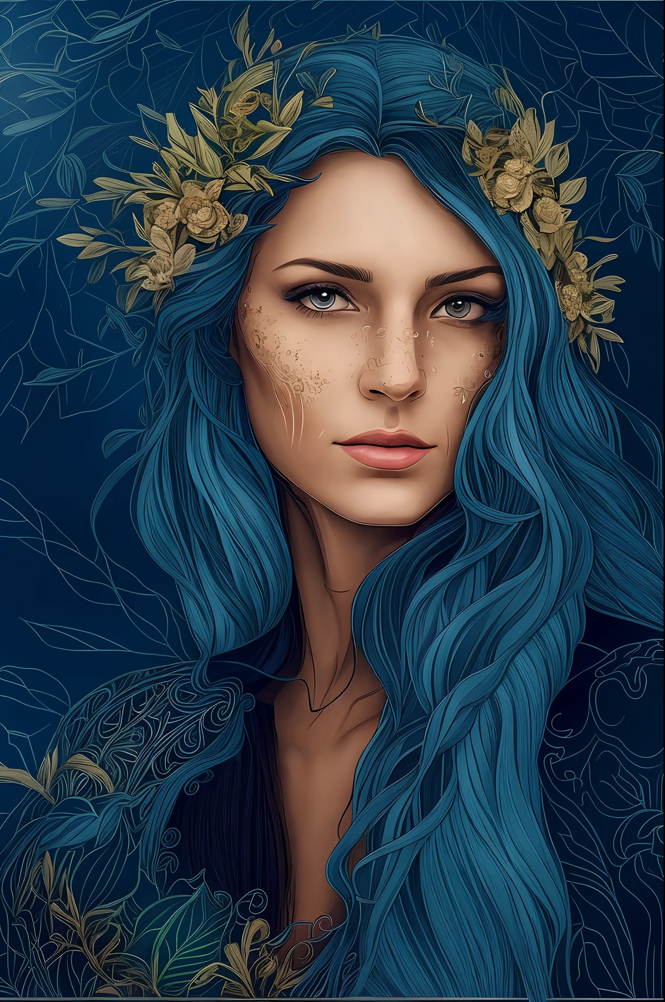 a woman with a wreath on her head, detailed matte fantasy portrait, Goddess. Extremely high detail, detailed beauty portrait, Lineart Behance HD, great digital art with details, detailed digital drawing, extremely detailed woman, beautiful line art, exquisite line art, 4K detailed drawing, detailed beautiful portrait, insanely detailed linework, highly detailed portrait