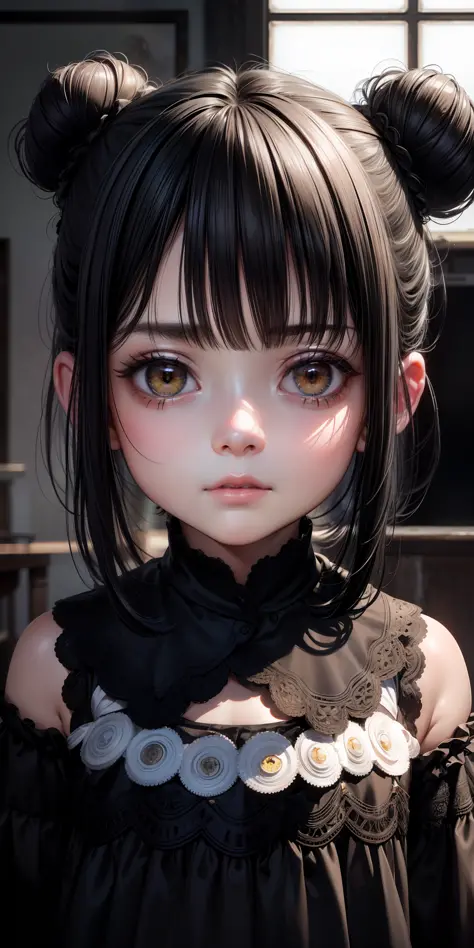 Superior Quality, Masterpiece, Ultra High Resolution, (Photorealistic: 1.4), Raw Photo, Deep Shadows, face, face only, loli, child, a girl, black hair, bangs, yellow eyes, cute face, bun, fun expression, close-up, background of a room casual clothing
