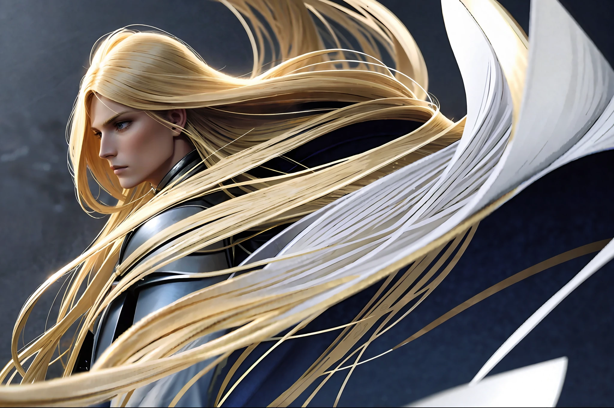 Man with long blonde hair. The strands of her hair are flying with the wind. He wore a shiny gold armor and very luxurious. ( Very detailed armor). He wears a large white cape that also flies with the wind. He carries two giant, white wings. His blue eyes and his serious face. There's blood on his face. He also carries a sword in his hand. ( Well detailed).