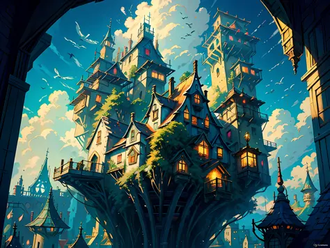 (Fantasy: 1.2), color (Hayao Miyazaki style), sky city, (irregular building floating in the air), patchwork houses, flower decorations, lights, concept art inspired by Andreas Rocha, Artstation contest winner, fantasy art, ross tran, light shafts, realisti...