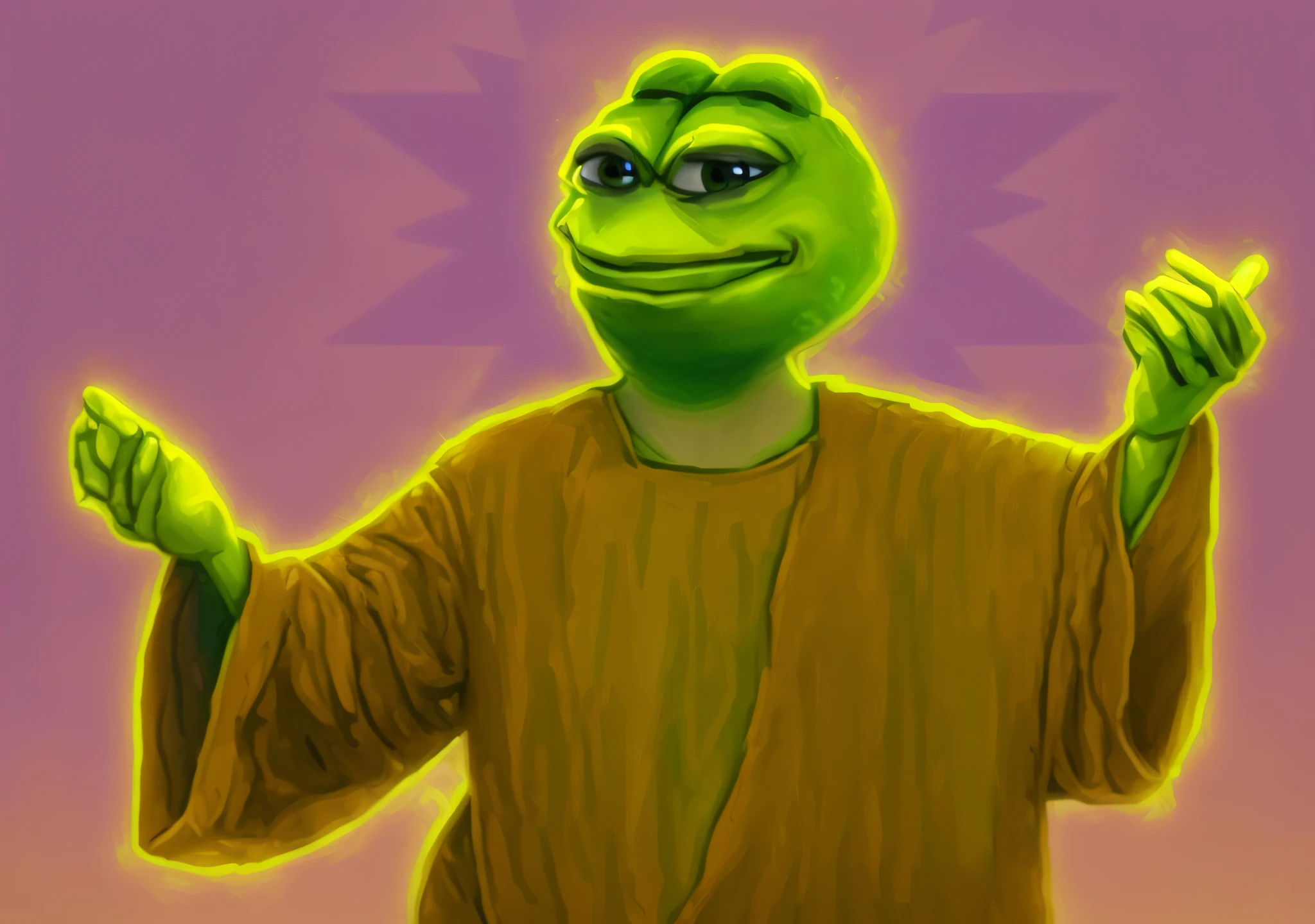 a cartoon frog dressed in a robe and holding his hands up, 4 chan pepe, super rich happy pepe, pepe frog, pepe the frog, pepe, raptor jesus, portrait of pepe the frog, pepe the frogs at war, masterpeice, dragon pope, internet meme, masterpice, art masterpice, kermit the frog as thanos, meme, 4 chan