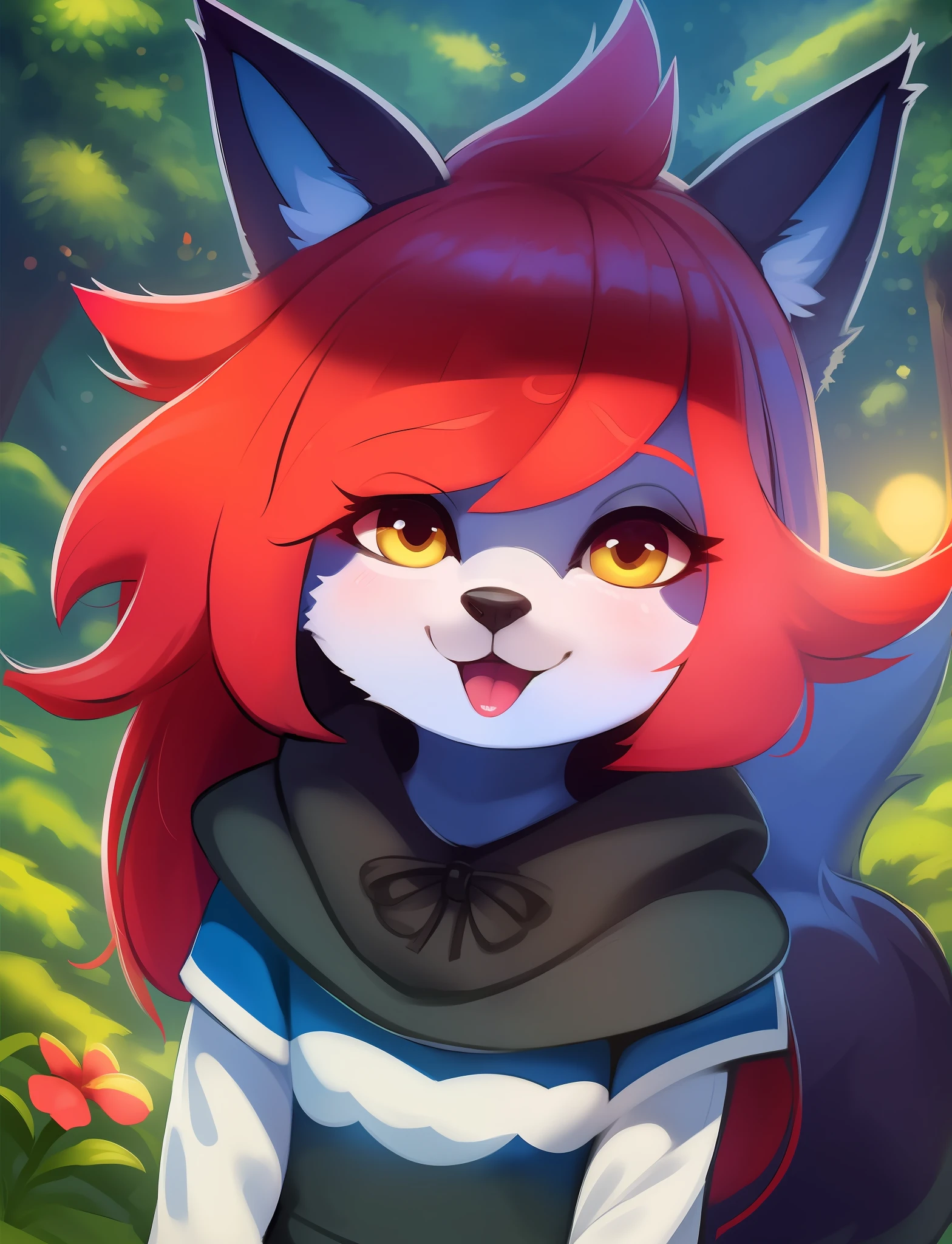 araffe with red hair and a furry tail in the woods, very very beautiful furry art, dramatic cinematic detailed fur, furry art, furry fantasy art, loish and wlop, anthro art, furry wolf, pov furry art, furry art!!!, kemono, 🌺 cgsociety, furry mawshot art, loish |, zorua pokemon, detailed fanart,