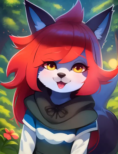 araffe with red hair and a furry tail in the woods, very very beautiful furry art, dramatic cinematic detailed fur, furry art, f...