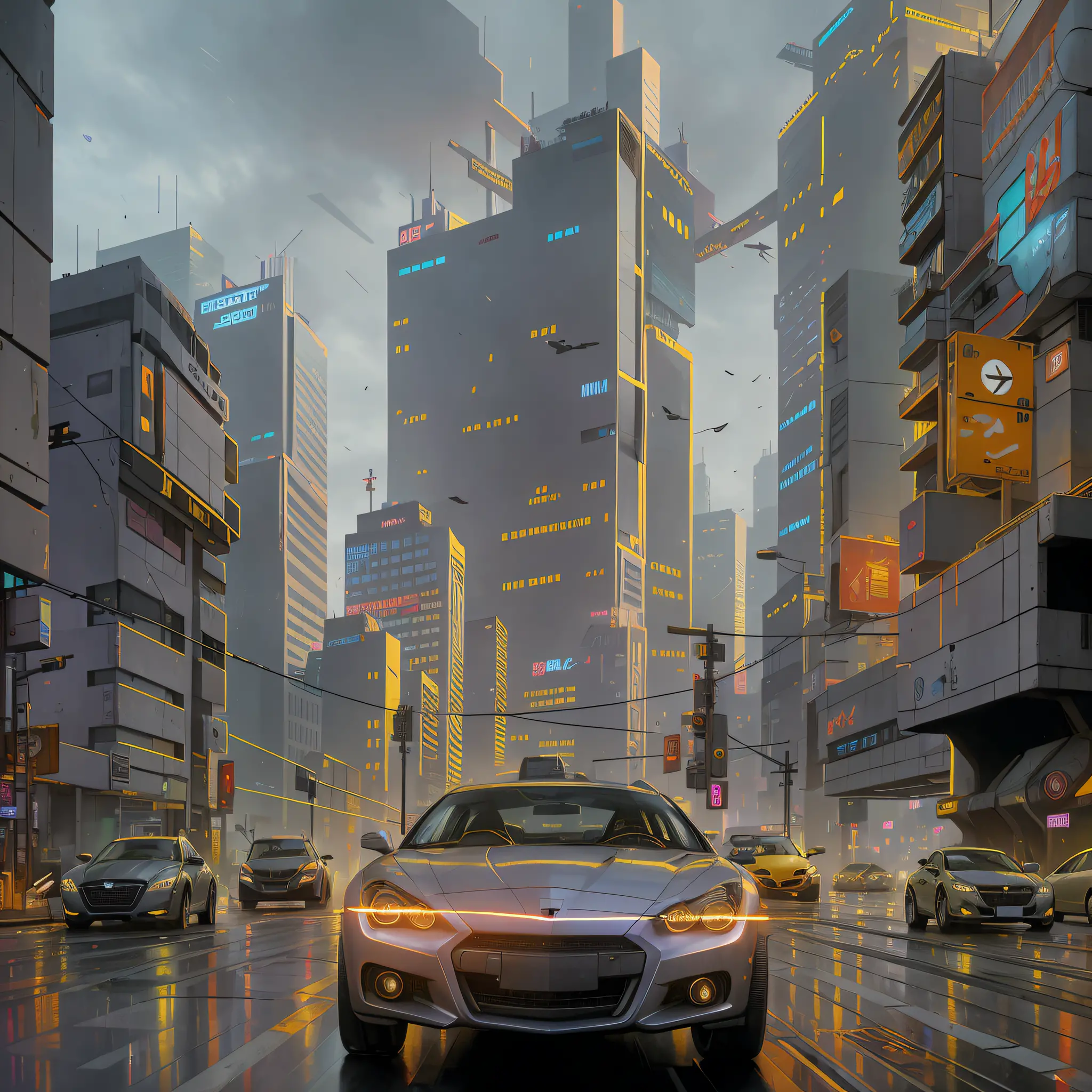 cars driving down a city street in the rain at night, futuristic city street, in a futuristic cyberpunk city, in cyberpunk city,...