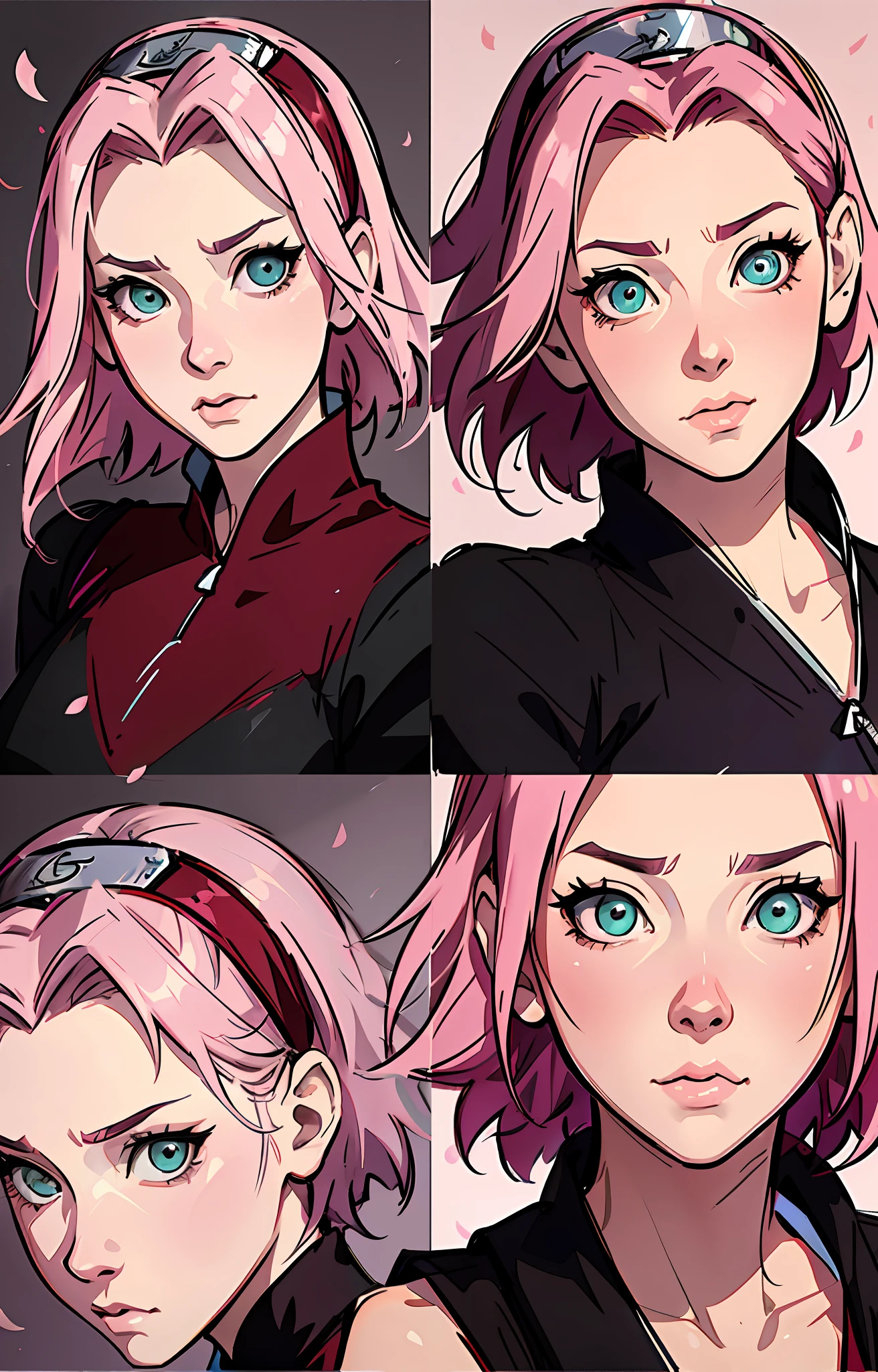 Four different images of a woman with pink hair and blue eyes - SeaArt AI