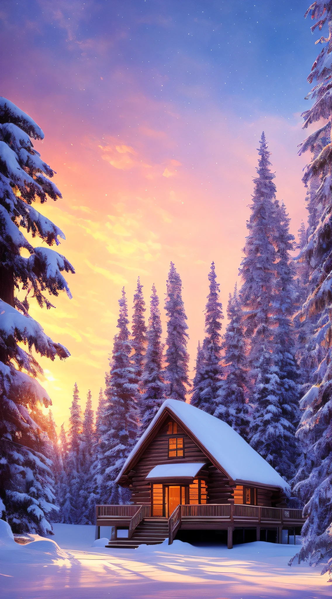 Chroma V5, (very detailed CG unity 8k wallpaper), illustration depicting winter forest with tall trees covered in snow. In the center of the image, left | right, there is a small pond or lake, surrounded by snow and ice. On the center|left|right of the image, there is a (cozy wooden cabin:1.3)), ((warm light:1.2)) shooting out of the window. The overall feeling is a tranquil beauty and serenity in the snowy winter landscape. chromatic aberration, detail, HDR, Bloom, Monet, Pissarro and Sisley's style, trends on ArtStation, trends on CGSociety, art of midjourney, complex, highly detailed, digital painting, art station, concept art, smooth, clear focus, illustration, 8k, artgerm, works by Greg Rutkowski and Alphonse mucha, (rtx), beautiful, detailed luminescence, Cinematic Light, Ultra Detailed, Cinematic, ((pink|purple|orange|magenta|red sunrise)), photorealism, hyper-realism, 8k, nvinkpunk, reflection, mist