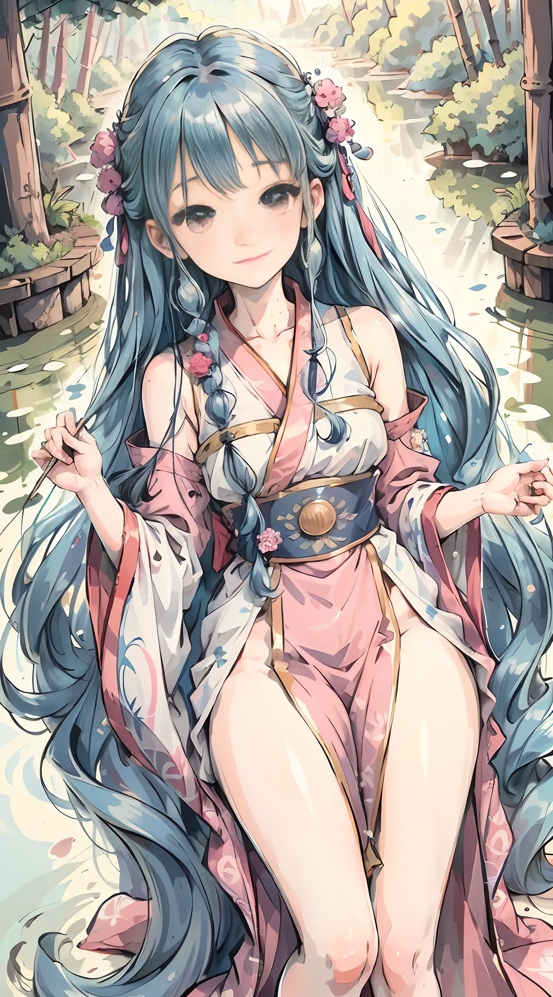 Masterpiece, best quality, official art, 8k wallpaper, very detailed, illustration, 1 girl, sky blue hair, long hair, detailed eyes, Forrest Gump, bare shoulders, hanfu, lake, pure, soft smile, bamboo, ((blush)), (shy)), looking at the audience, hands forw...