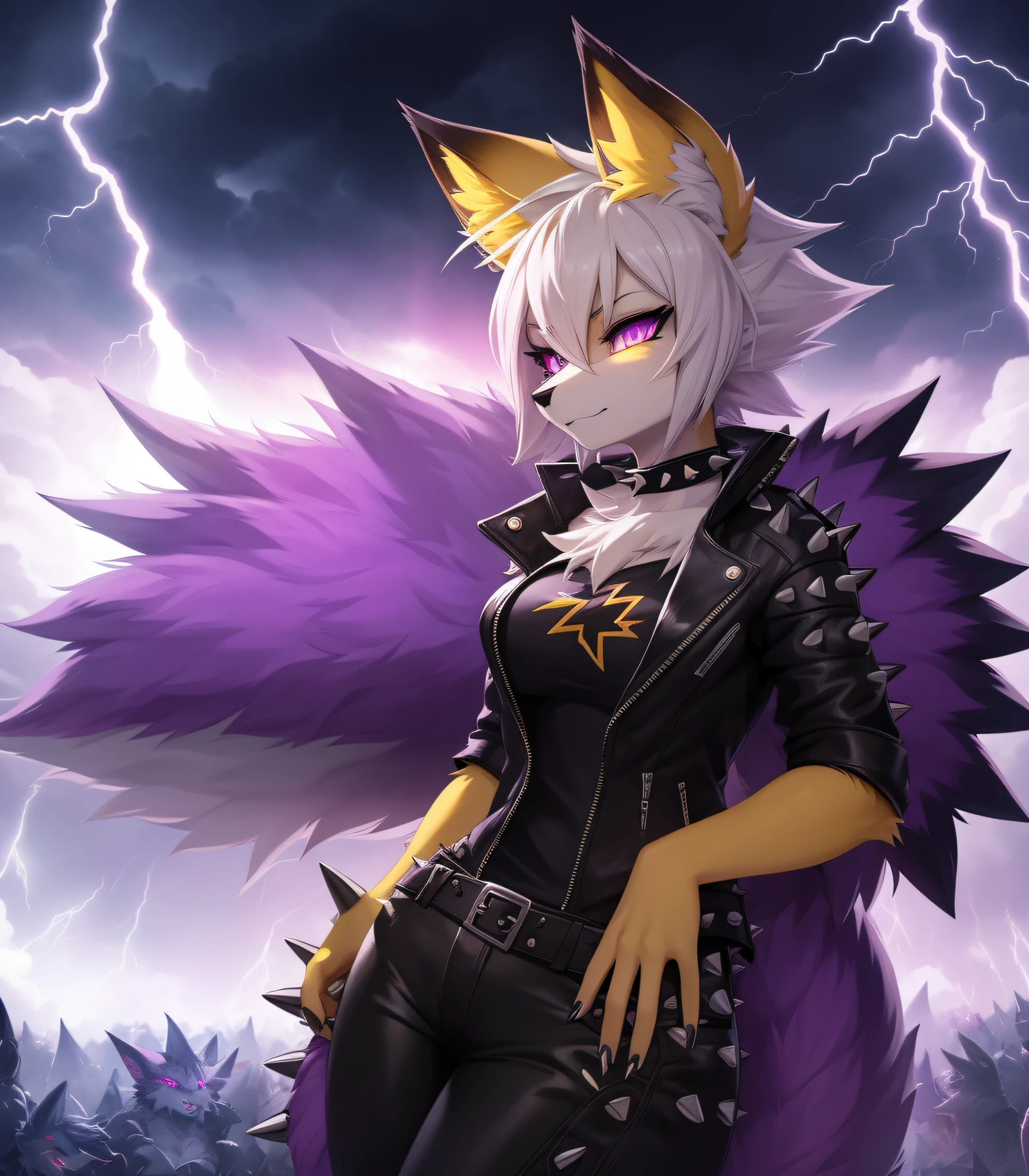 werefox, (monster girl), yellow spiked fur, white spiked neck fur, long yellow spiked ears with dark-purple inside, dark purple eyes, short spiked hair, wearing light colored punk clothes, standing in a lightning storm ,masterpiece, best quality