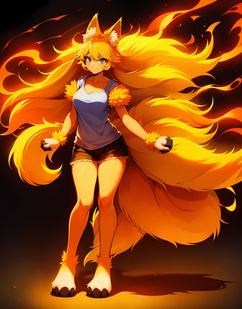 fox, (monster girl), orange fur, light-yellow fluffy hair, light-yellow fluffy chest fur, light-yellow super fluffy tail, blue e...