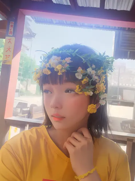 yellow clothes, girl, with a garland on her head