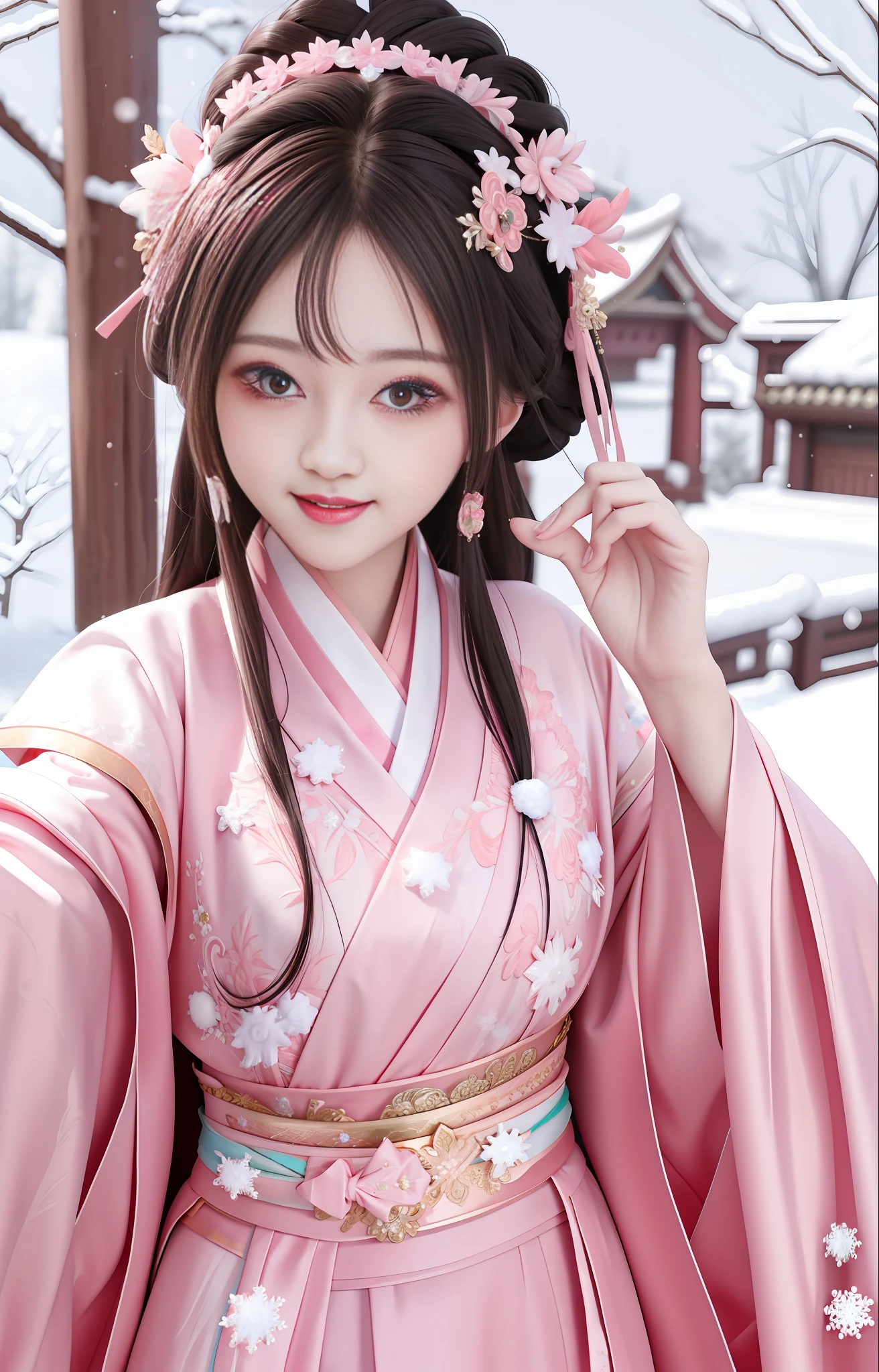 Pink robe, Hanfu long skirt, big eyes, masterpiece absolute beauty, 1 woman, close-up. Close-up, healing smile, snow, 4K quality