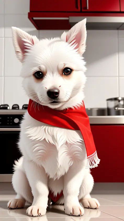 there is a small white dog, completely white hair, he is wearing a red bandana on his head, sitting, diffuse lighting, white kit...