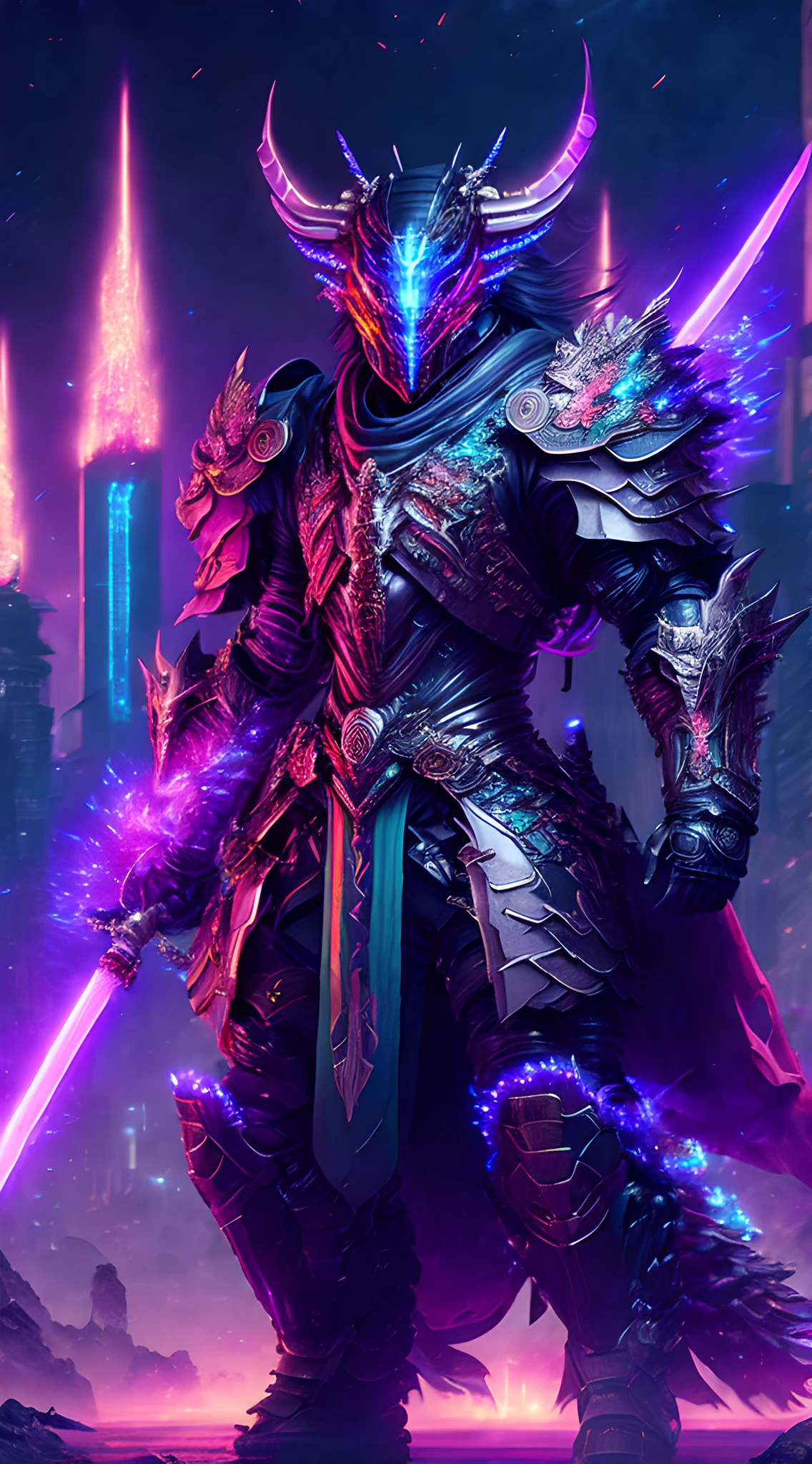 ((Best quality)), ((masterpiece)), (detailed),A futuristic cyborg samurai, adorned with bioluminescent nanotech armor, wielding a katana infused with ancient runes, engaged in a gravity-defying duel against a colossal mechanical dragon amidst a neon-lit megacity, with holographic skyscrapers and cascading streams of binary code