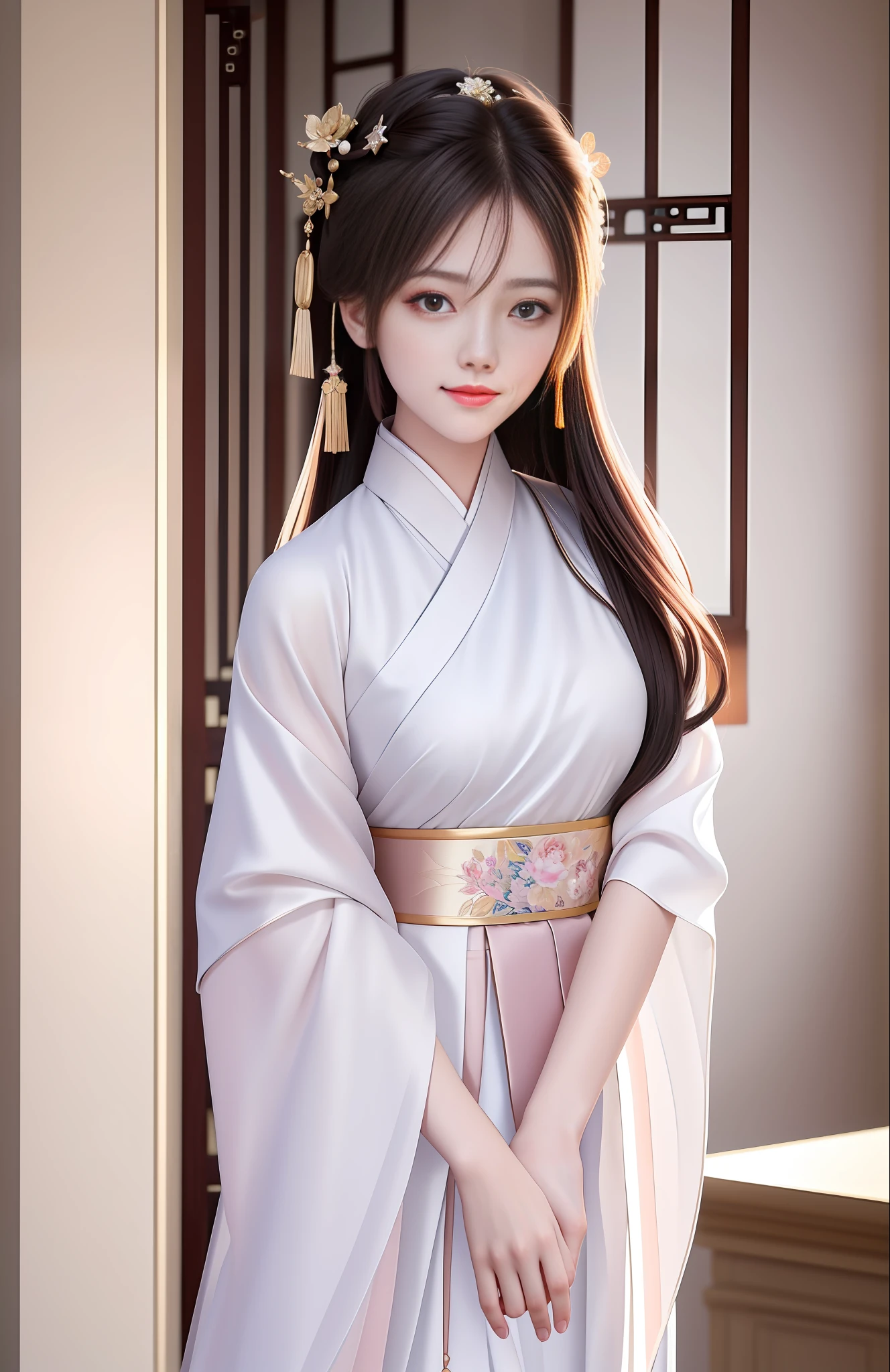 Best Quality, Masterpiece, High Resolution, 1girl, Blush, (Glamorous Smile:0.8), Star Pupil, Chinese Hanfu, Simple Hair Accessory, Beauty, Human Body, Tyndall Effect, Realism, Shadow Studio, Edge Light, Bicolor Light, (High Detail Skin: 1.2), 8K UHD, DSLR, Soft Light, High Quality, Volumetric Light, Voyeur, Photo, High Resolution, 4K, 8K, Background Blur, White Dress, Ancient Building Group Background.