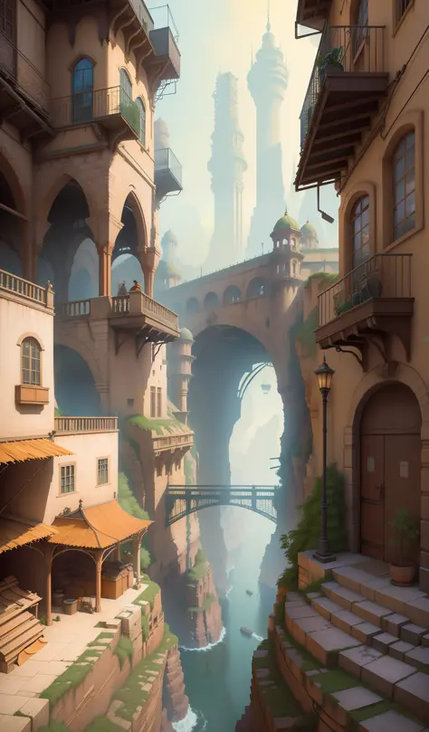((masterpiece)),((best quality)),((high detial)),((realistic,)) Industrial age city, deep canyons in the middle, architectural streets, bazaars, Bridges, rainy days, steampunk, European architecture