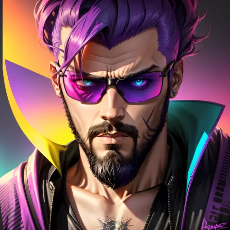 A man with a beard and sunglasses, cyberpunk art, funk art, stunning gradient colors, stylized portrait h 704, pompadour, twitch streamer, cool tones. Very detailed, t-800, no watermark signature, rich colors, beyond