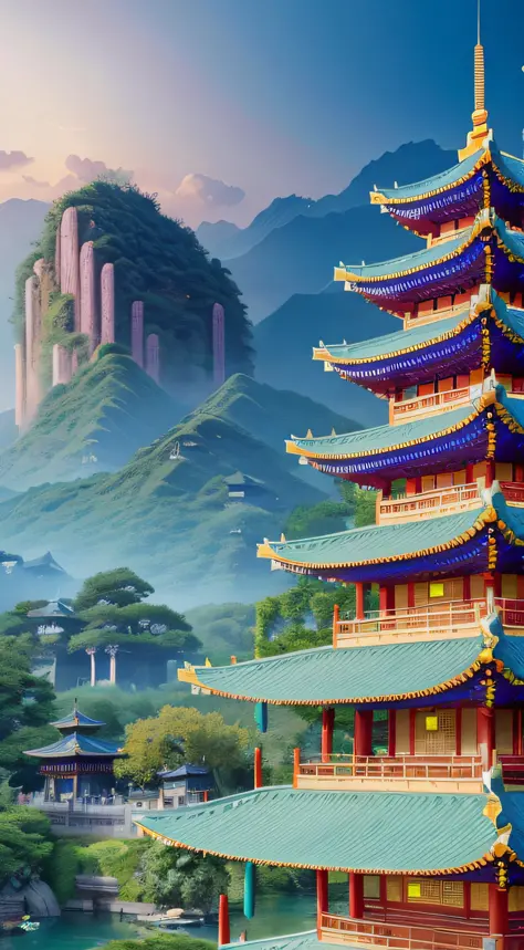 Ancient buildings, Loulan Ancient Kingdom, Chinese style, bird's eye view pavilions, fairyland, many temples, cyberpunk Chinese architecture, Ross Tran. Landscape background, WLOP and Ross Tran, Gouviz style artwork, Andreas Rocha style, inspired by Andrea...