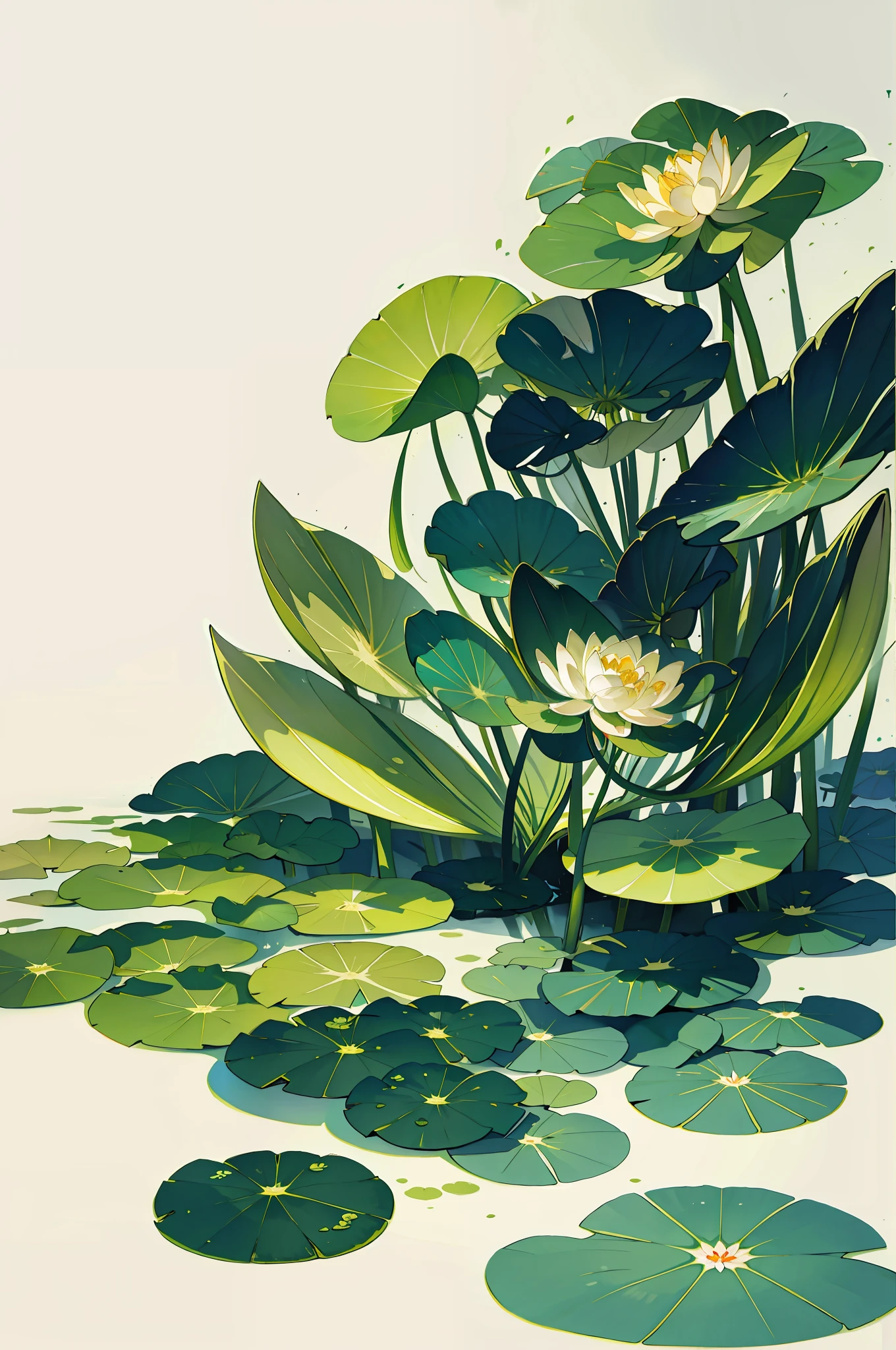 Large lotus leaves, lotus flowers, ink painting style, clean colors, decisive cuts, white space, freehand, masterpieces, super detailed, epic composition, high quality, highest quality,