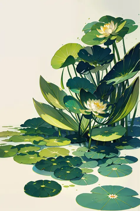 Large lotus leaves, lotus flowers, ink painting style, clean colors, decisive cuts, white space, freehand, masterpieces, super d...