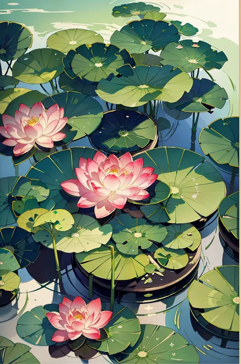 large lotus leaves, lotus flowers, ink painting style, clean colors, decisive cuts, white space, freehand, ponds, green water, m...