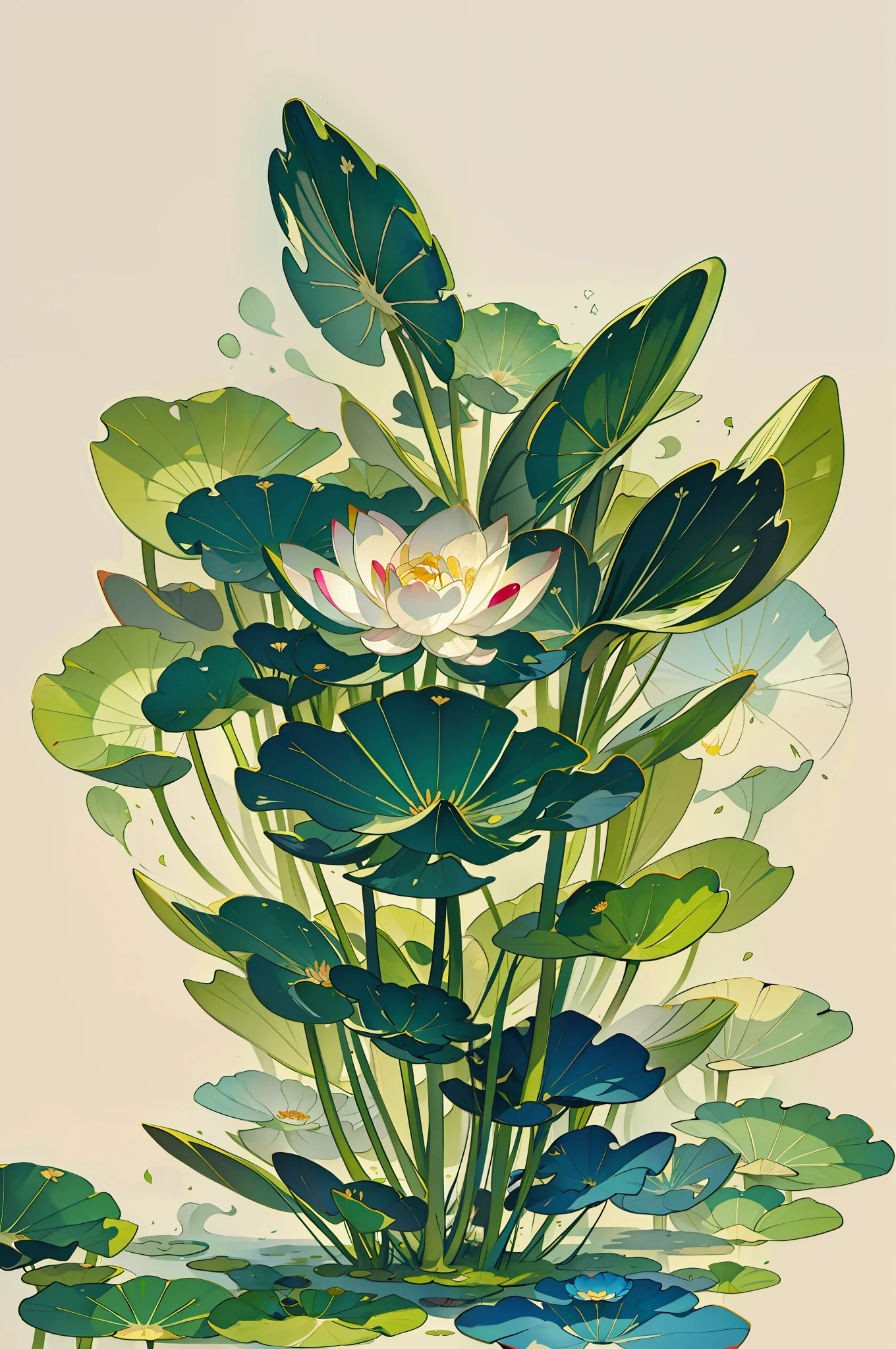 Big lotus leaves, lotus flowers, ink painting style, clean colors, ink style, smudging, decisive cutting, white space, freehand, masterpiece, super detailed, epic composition, high quality, highest quality, lotus fairy, ancient style, Dunhuang flying sky