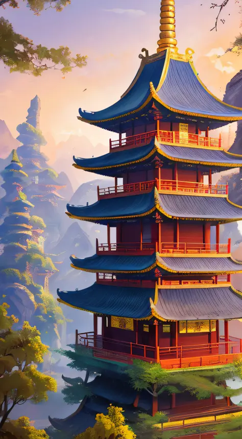 Ancient Chinese tall temples, sects in the forest, pavilions, there is a building, there are many trees in front, octagonal tower buildings, Loulan ancient country, Chinese style, bird's eye view pavilions, fairyland, many temples, cyberpunk Chinese archit...