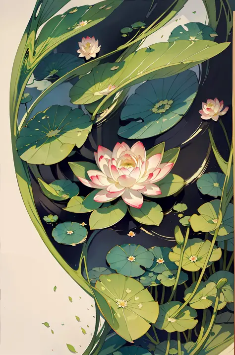 big lotus leaves, lotus flowers, ink painting style, clean colors, ink style, blending, decisive cutting, white space, freehand,...