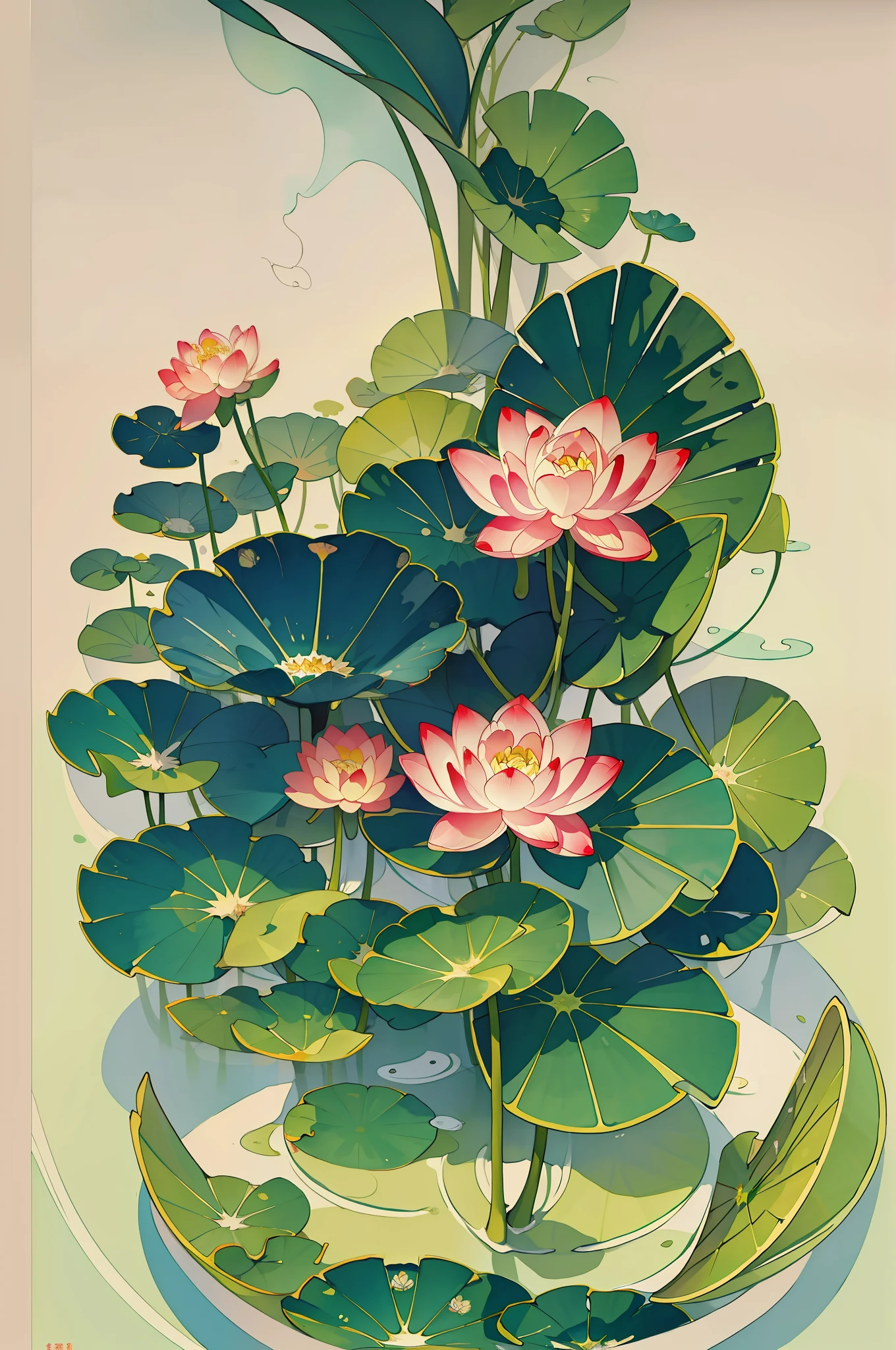 Big lotus leaves, lotus flowers, ink painting style, clean colors, ink style, blending, decisive cutting, white space, freehand, lotus fairy, masterpiece, super detailed, epic composition, high quality, highest quality, ancient style, Dunhuang flying sky