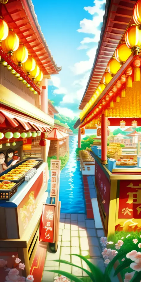 Chinese festival, landscape, detail, masterpiece, summer, festival, lantern, ((food stall)), food, spirited away, quadratic, manga style