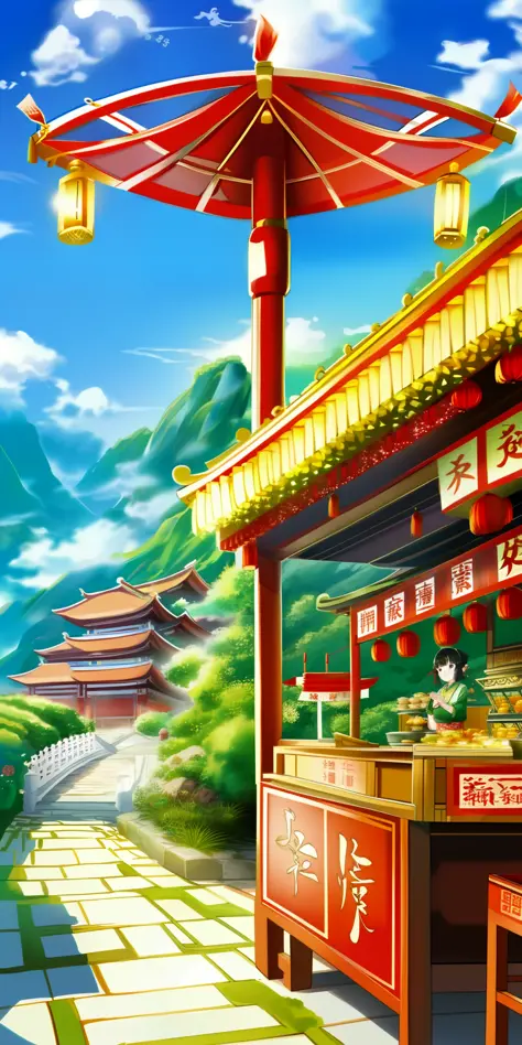 Chinese festival, landscape, detail, masterpiece, summer, festival, lantern, ((food stall)), food, spirited away, quadratic, manga style
