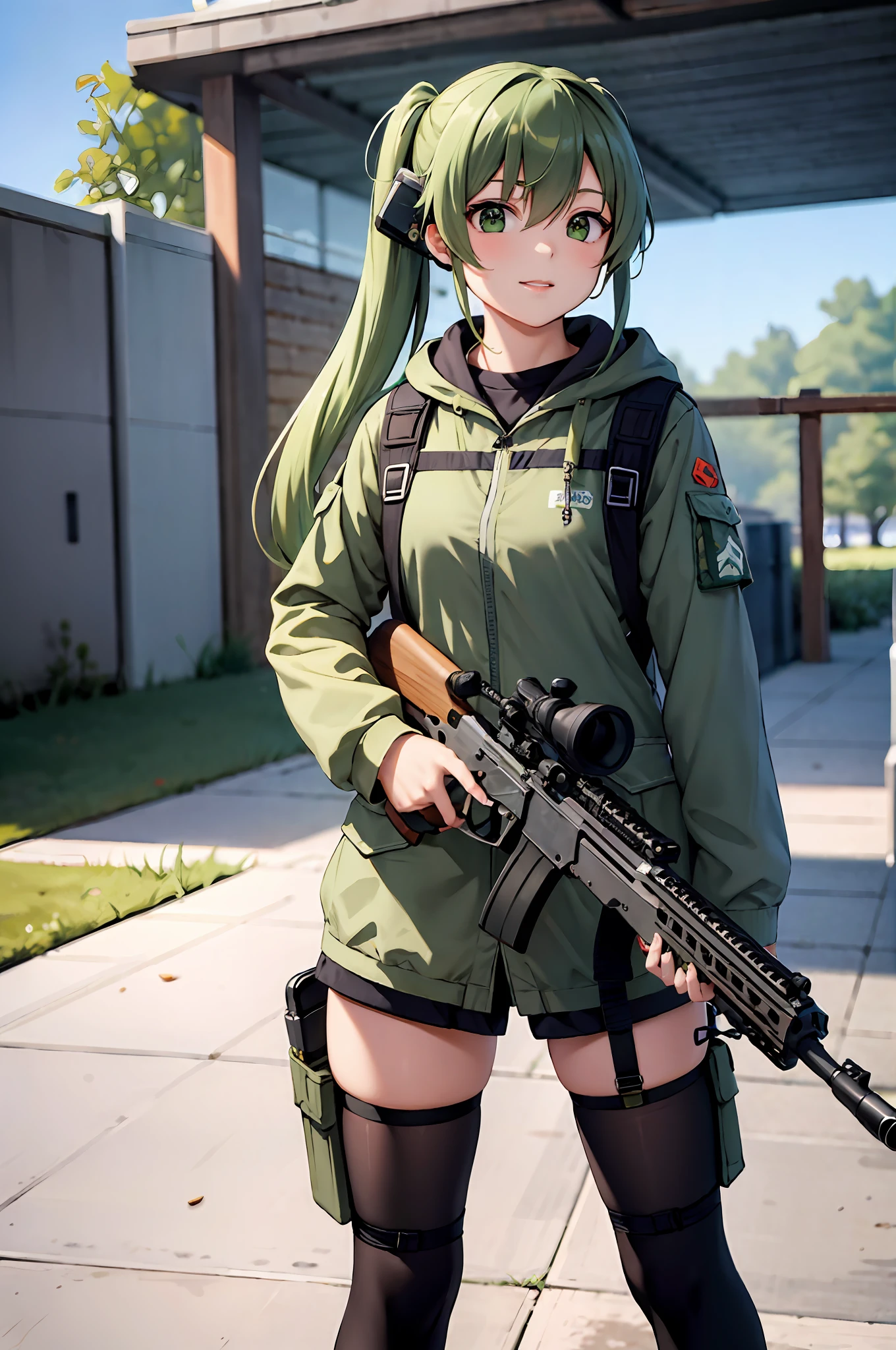 (((Masterpiece))),Superb Picture Quality,Ultra Detail,Ultra High Definition,(1 Girl),Twin Tails,Green Hair,Sniper Girl During War in Uniform with Rifle and Rifle,Infantry Girl,Mechanized Soldier Girl,Gwise's Style Artwork, Inspired by Rifle, Renmei, CGSOCIETY, Fenghua Zhong, CGSOCIETY), Soldier Girl, Vojtekhus, Gwise, High Resolution CGsociety