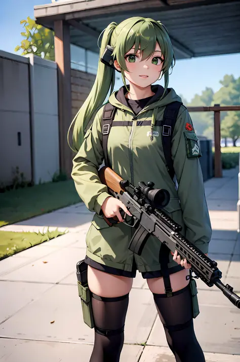 (((Masterpiece))),Superb Picture Quality,Ultra Detail,Ultra High Definition,(1 Girl),Twin Tails,Green Hair,Sniper Girl During Wa...