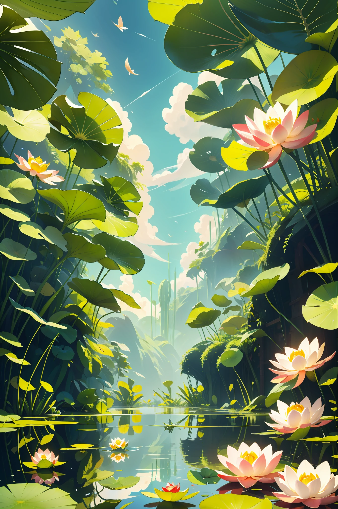 Tall lotus leaf, lotus jungle, a small boat in the middle, looking up on the surface of the water, the meridians of the lotus leaf, the bottom of the lotus leaf, red carp Lotus Leaf around the water, vanishing point, from below, atmospheric perspective, panorama, clear sky,