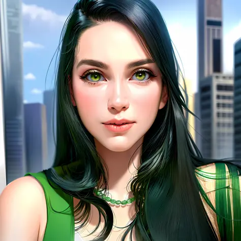 There is a woman with long black hair wearing a green dress, headshot profile picture