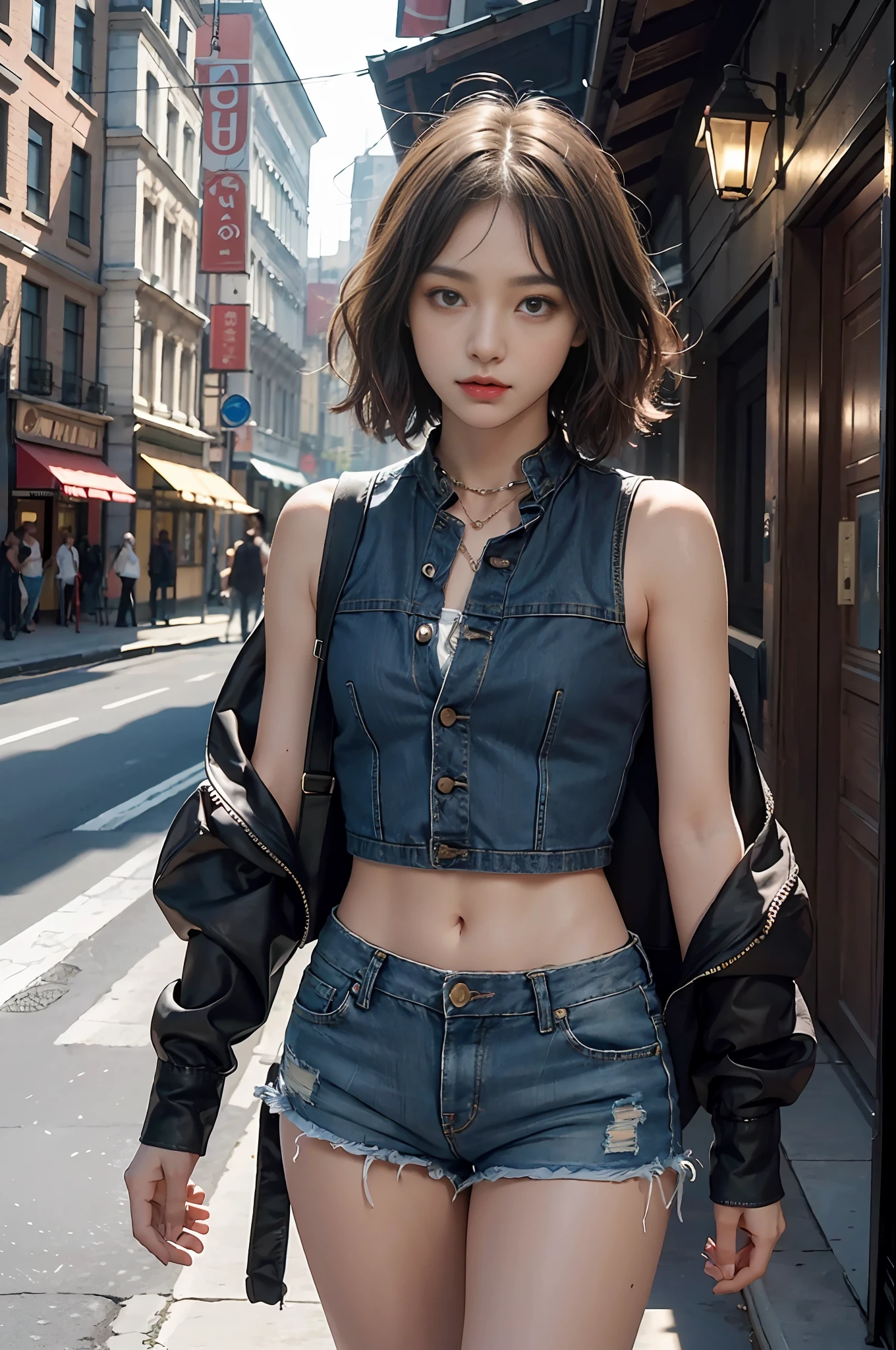 Araffed asian woman in denim shirt and shorts walking down the street ...