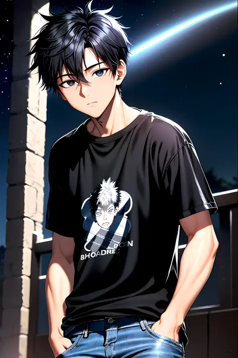 (Masterpiece, Best Illustration, Extreme Light and Shadow), 1boy, solo, (male focus: .7), black eyes, black hair, short hair, we...