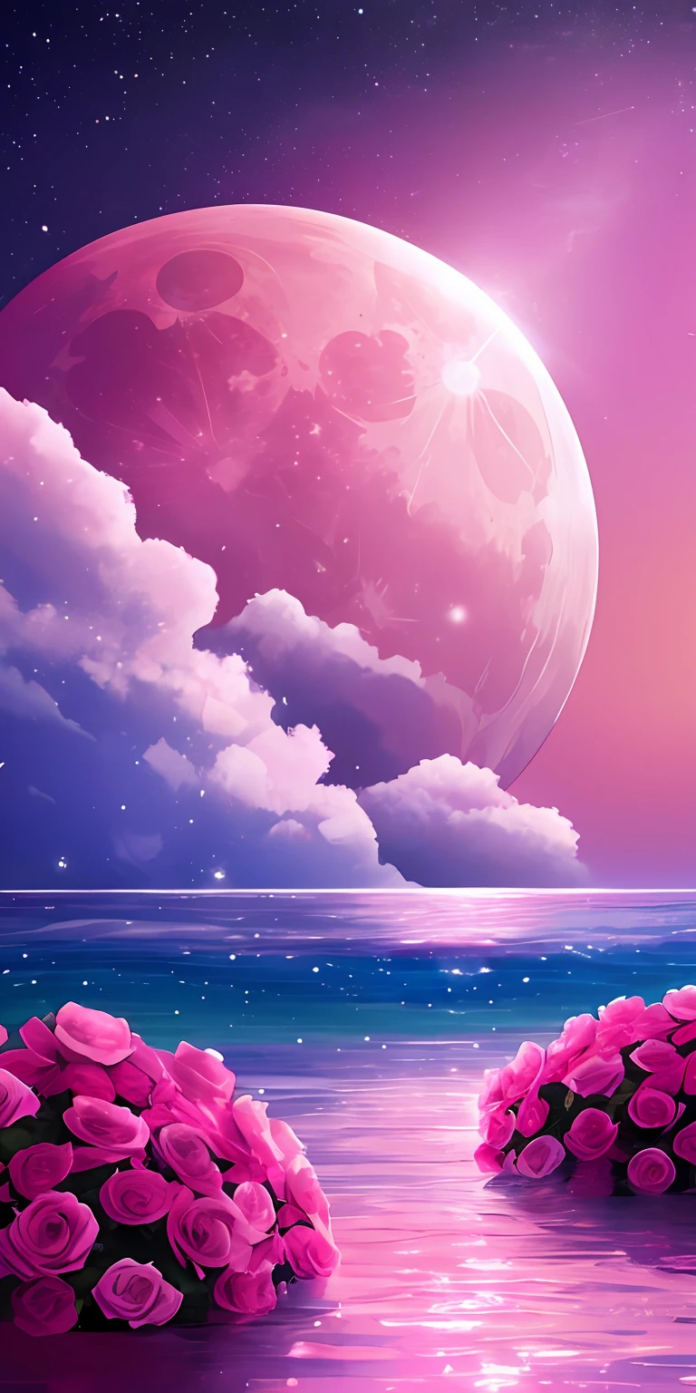 Pink moon, pink sky, soft pink clouds, pink ocean waves sparkling 