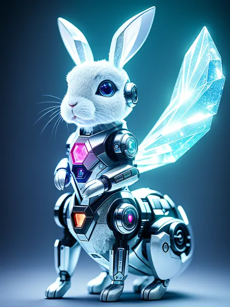 A cute rabbit made of crystal, 4K, (cyborg: 1.1), ([tail|detail wire]: 1.3), (intricate detail), hdr, (intricate detail, super detail: 1.2), photography, vignetting, centering